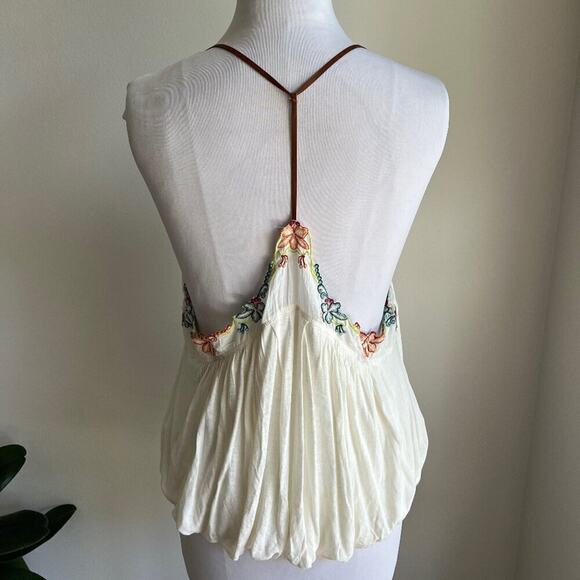 FREE PEOPLE ISLAND TIME FLORAL V NECK TANK TOP IVORY LEATHER STRAPS - Picture 3 of 6